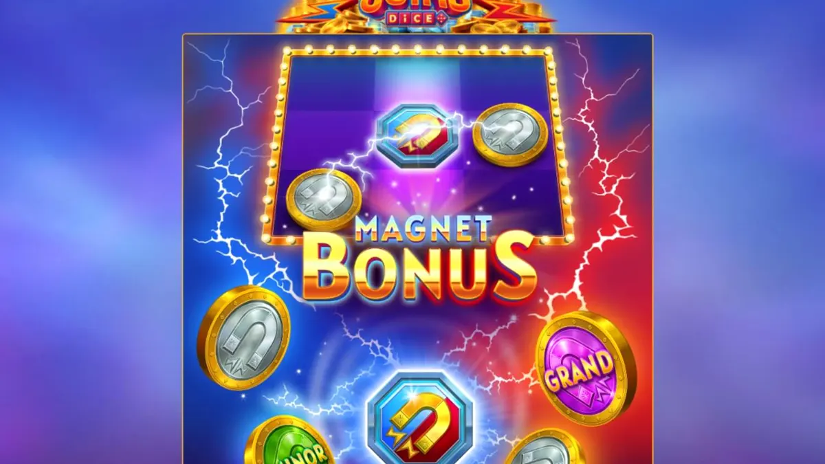 Tampilan visual slot Magnetic Coins Dice dengan simbol koin dan magnet