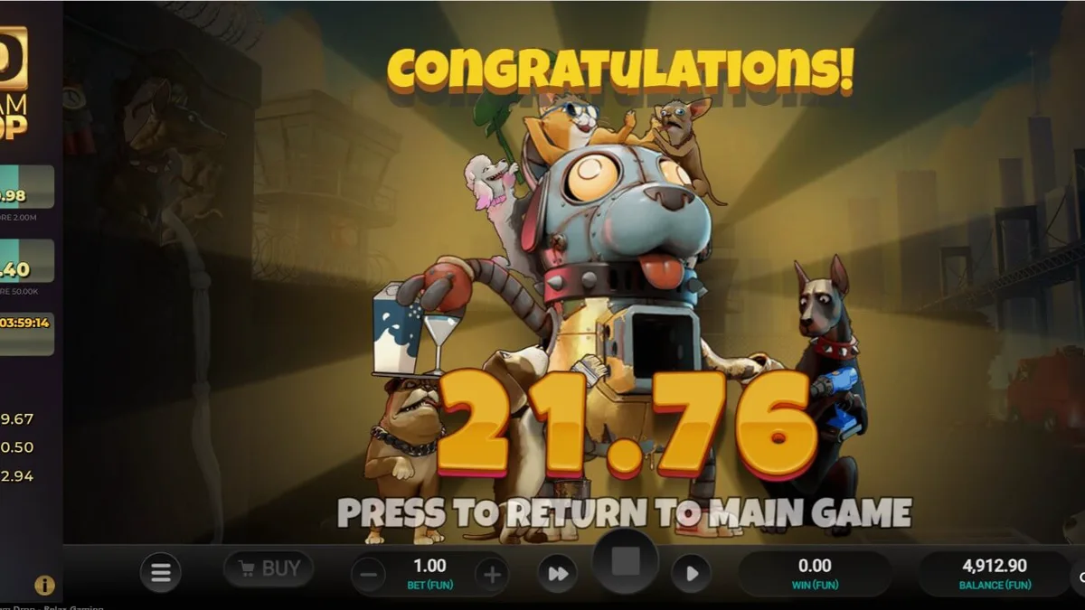 Tampilan antarmuka mobile slot Purrrminator Dream Drop dengan latar belakang gang dystopian neon.